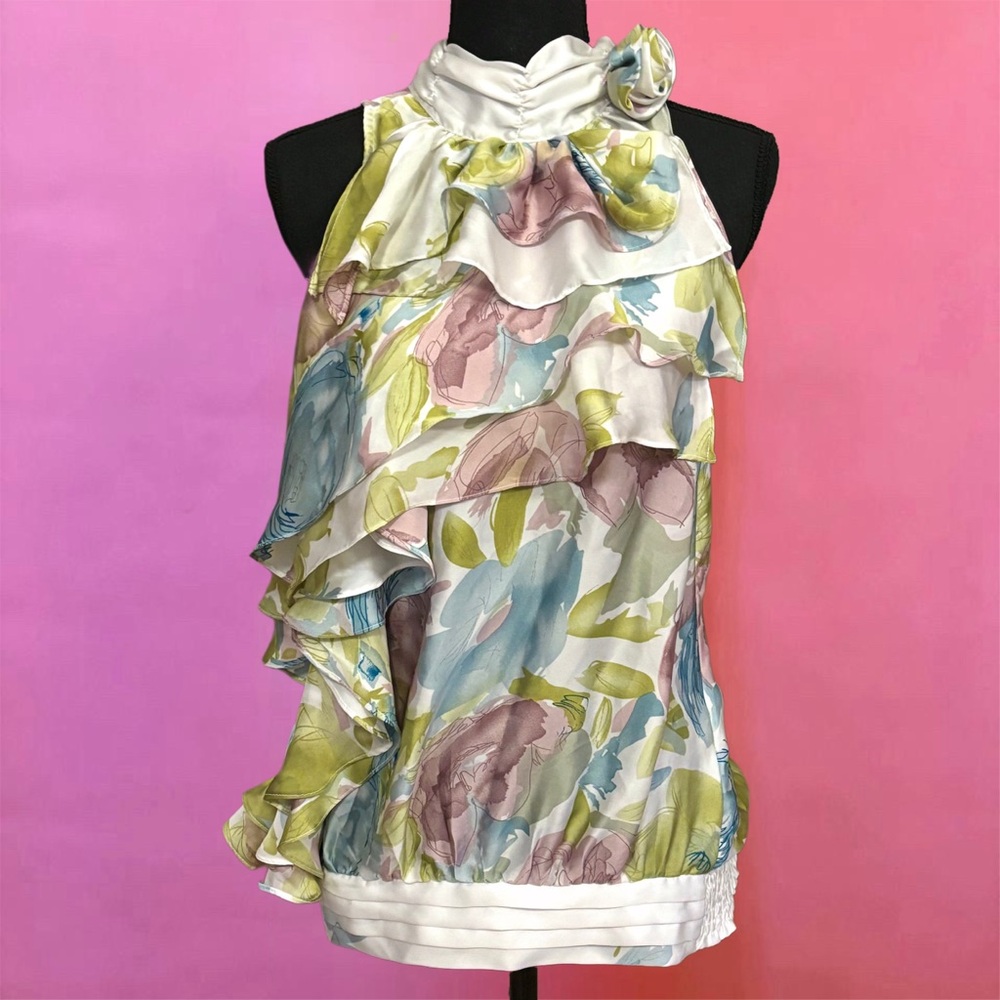 2000s Y2K Arden B Multicolor Floral Ruffle Halter Blouse Scarf Tie Neck Medium